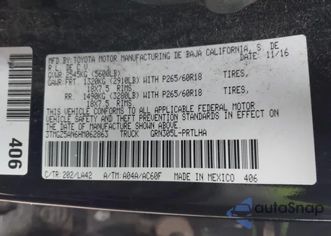 2017 Toyota Tacoma Limited from USA, damaged, VIN 3TMGZ5AN6HM062863